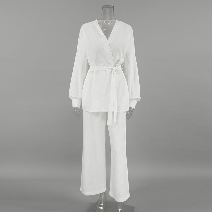 Damer elegant loungewear-sæt med løstsiddende blusejakke og bredt skårne bukser Stilla