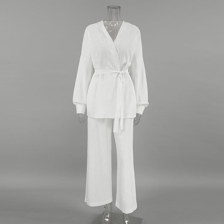 Damer elegant loungewear-sæt med løstsiddende blusejakke og bredt skårne bukser Stilla