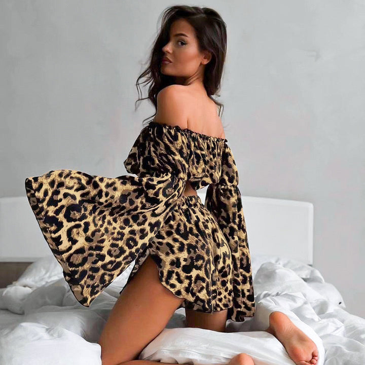 Dame Offshoulder Crop-Top med vidt ærme og leopardmønster Skovae