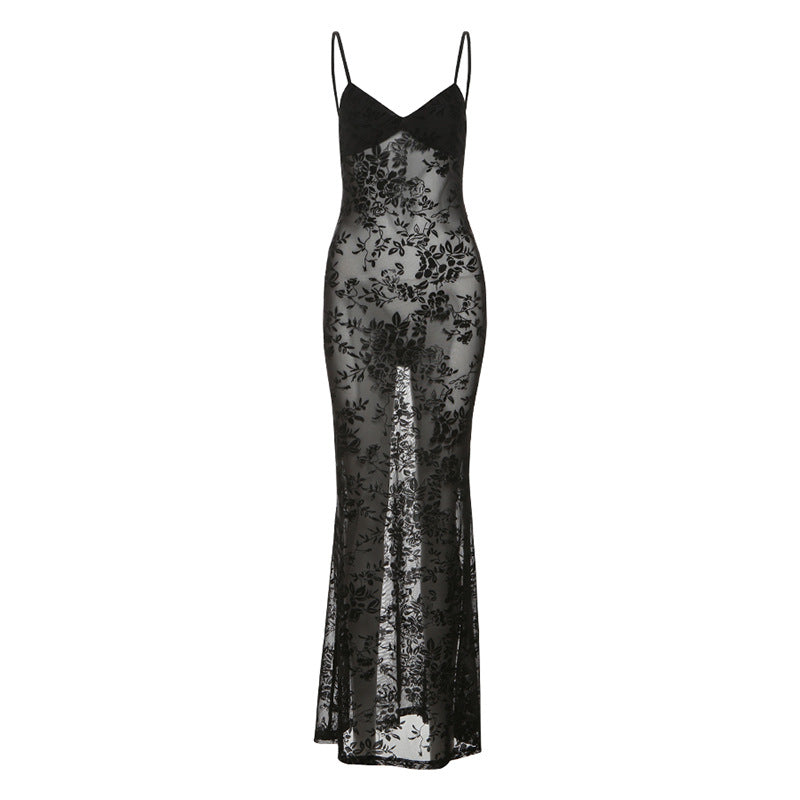 Damer Elegant spidse maxi-kjole med spaghetti-stropper og gennemsigtig udseende Skovae