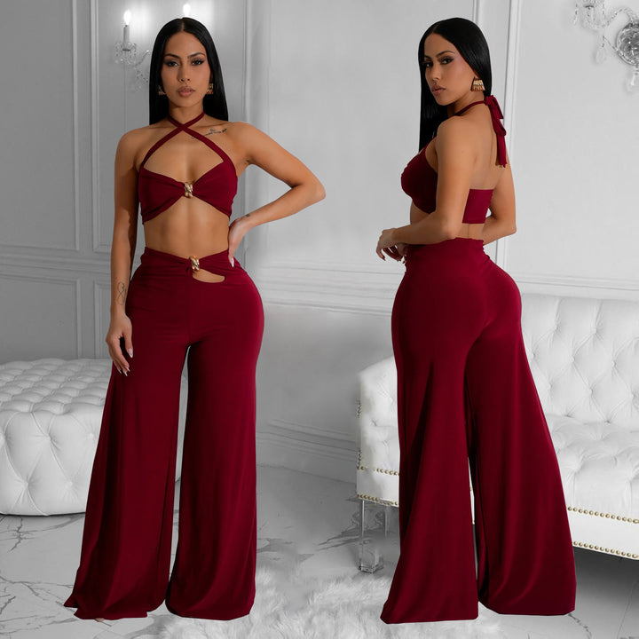Dame Sexy Cut-Out To-delt Sæt med Cropped Top og Bredbukser Stilla