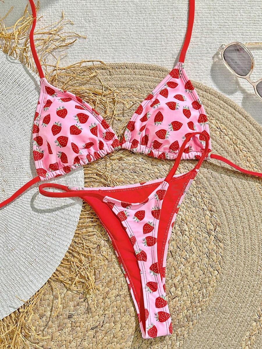 Dame triangel-bikini med frugtagtig design og justerbare stropper Stilla