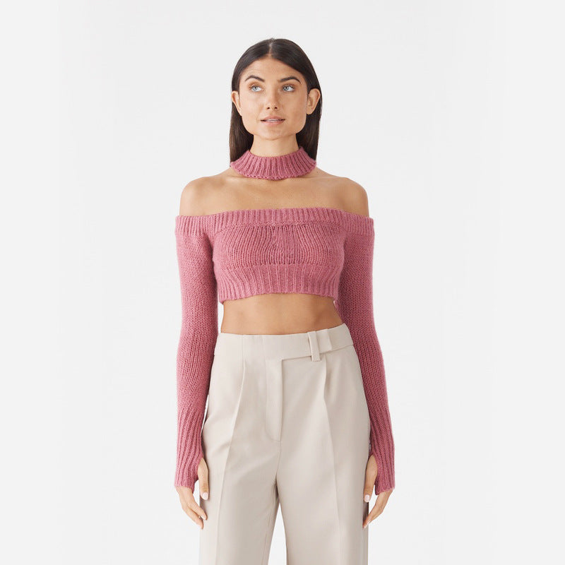 Dame Off-Shoulder Strikpullover med lange ærmer og Cropped-snit Stilla