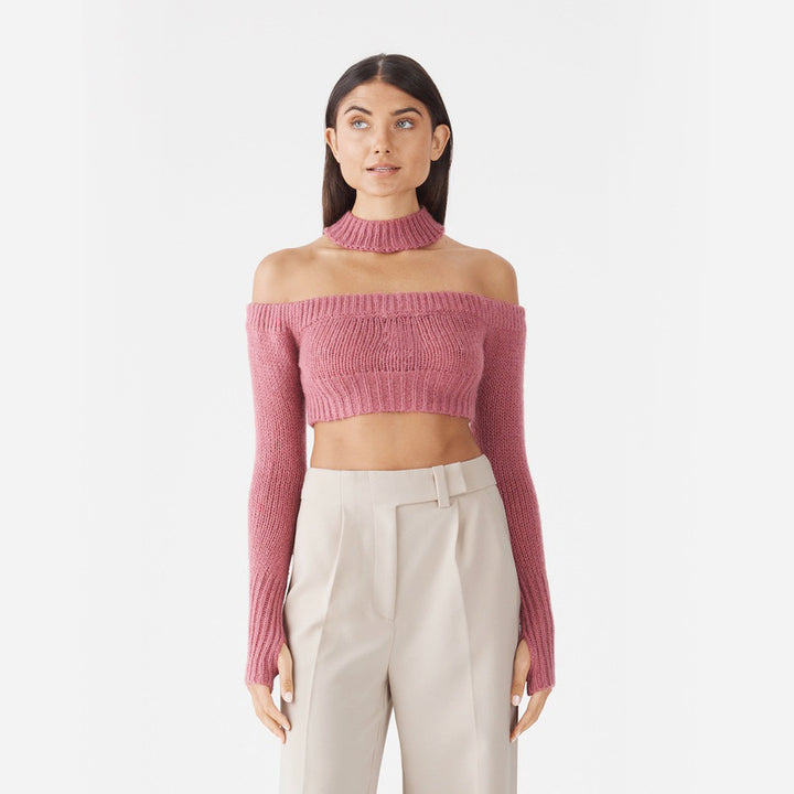 Dame Off-Shoulder Strikpullover med lange ærmer og Cropped-snit Stilla