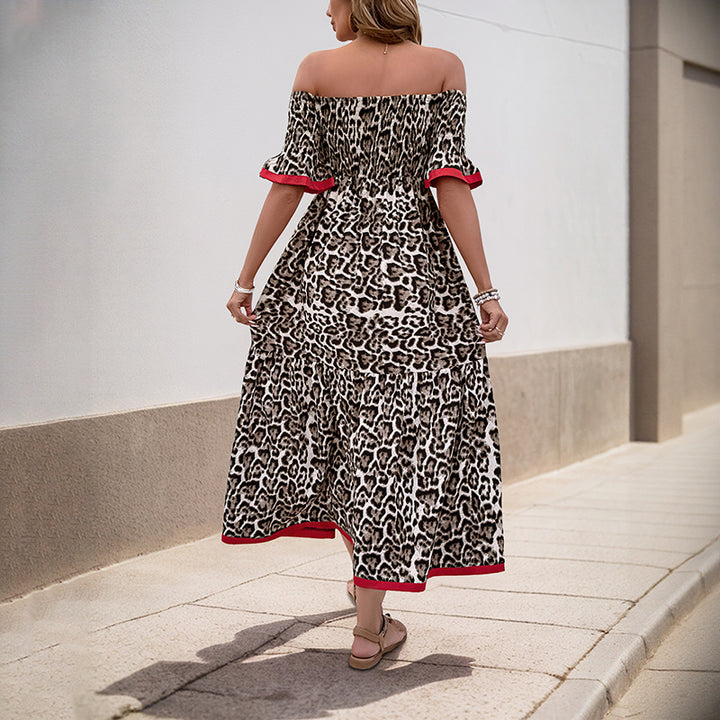Dame Off-Shoulder Maxikjole med dyreprint og flæsedetaljer Stilla