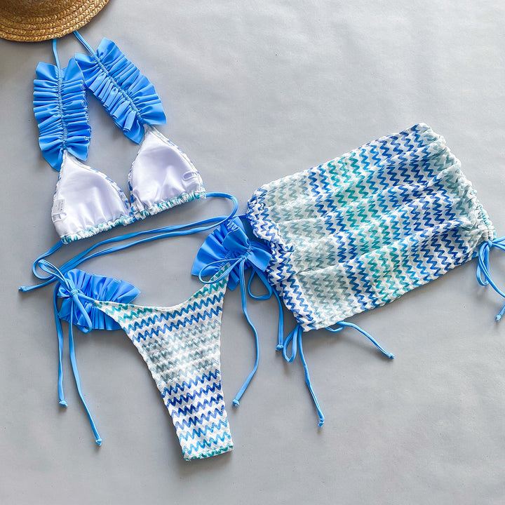 Dame bikini-sæt med stilfulde flæsedetaljer og harmonisk bølgemønster Stilla