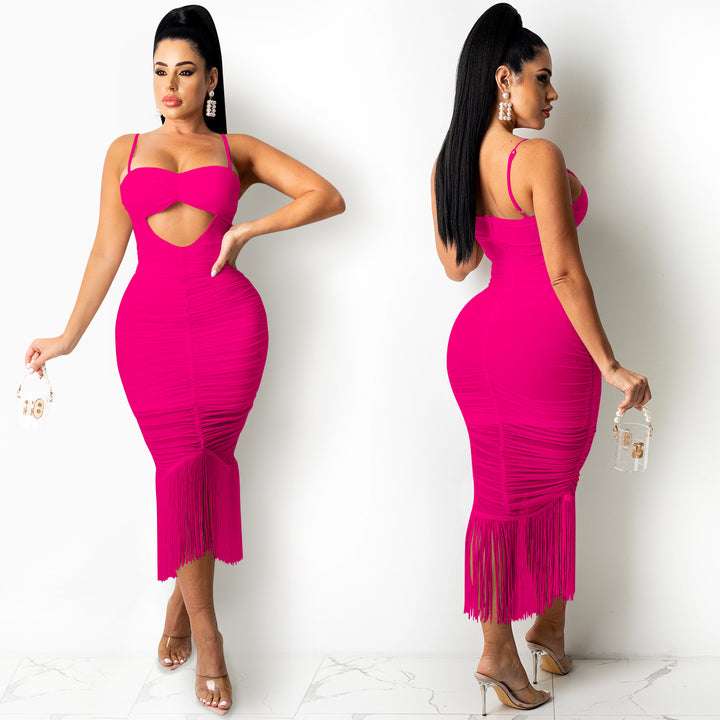 Dame figursyet Cut-Out Midi-kjole med frynser Stilla