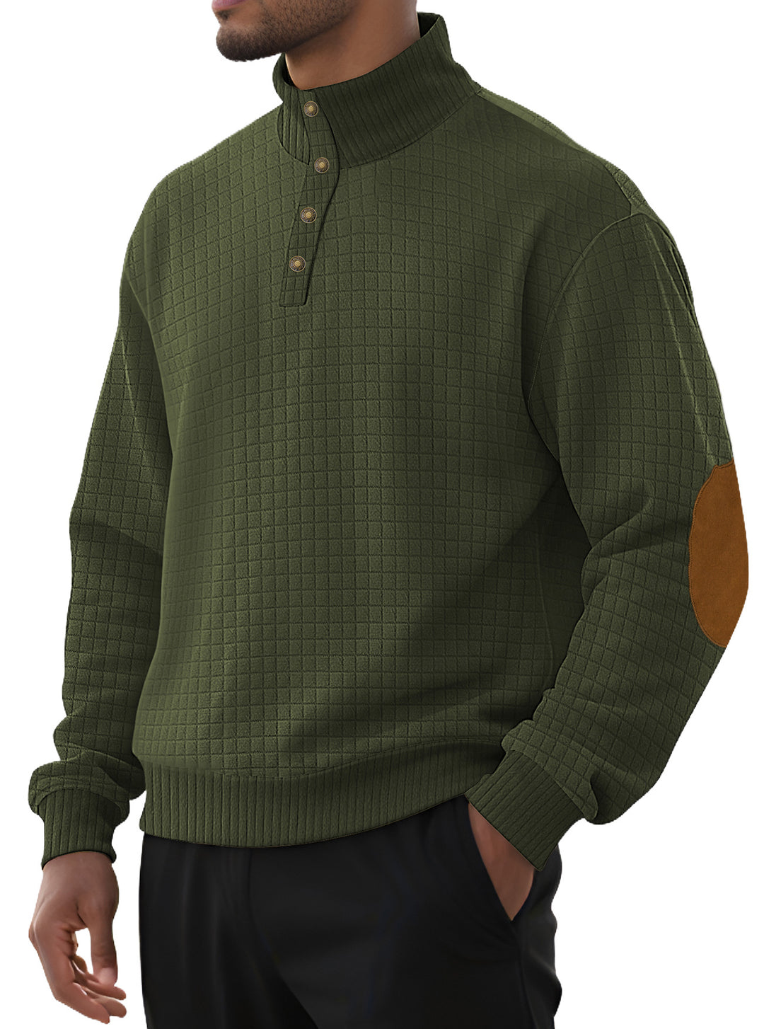 Herrer nan rutet quiltet sweatshirt med henley-lukning høj krave og velour albue-patch Skovae