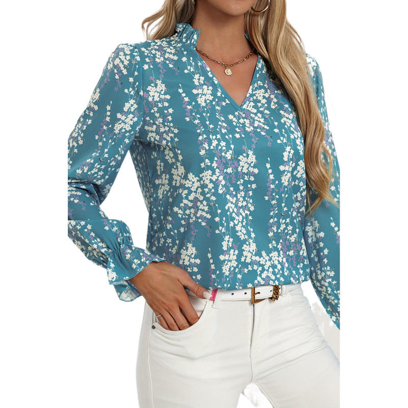 Femme Blomstret V-Hals Bluse med Rufflesleeves Stilla