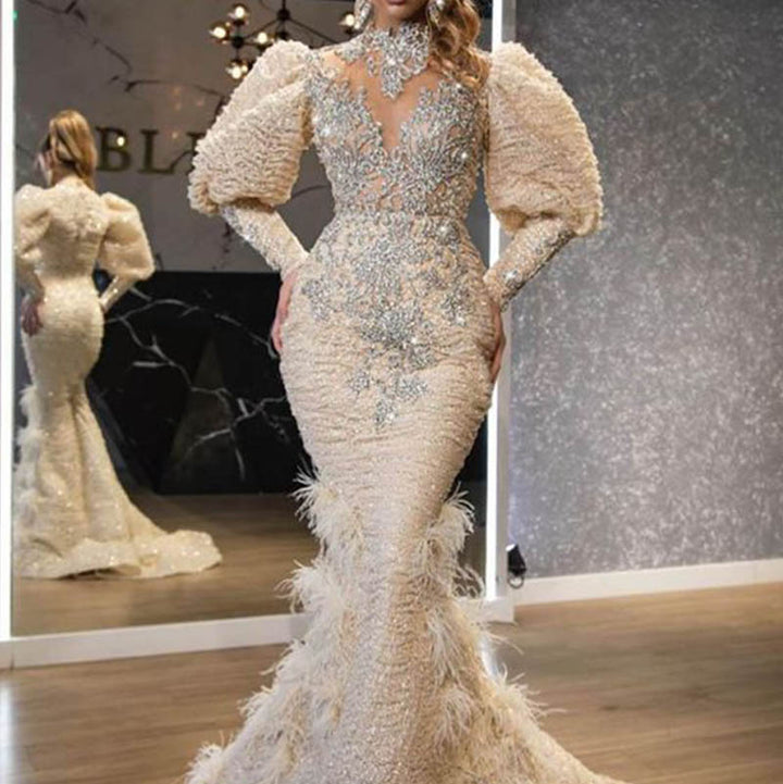 Dame Glamourøst Aftenkjole med transparente ærmer og glitrende paljetter Stilla
