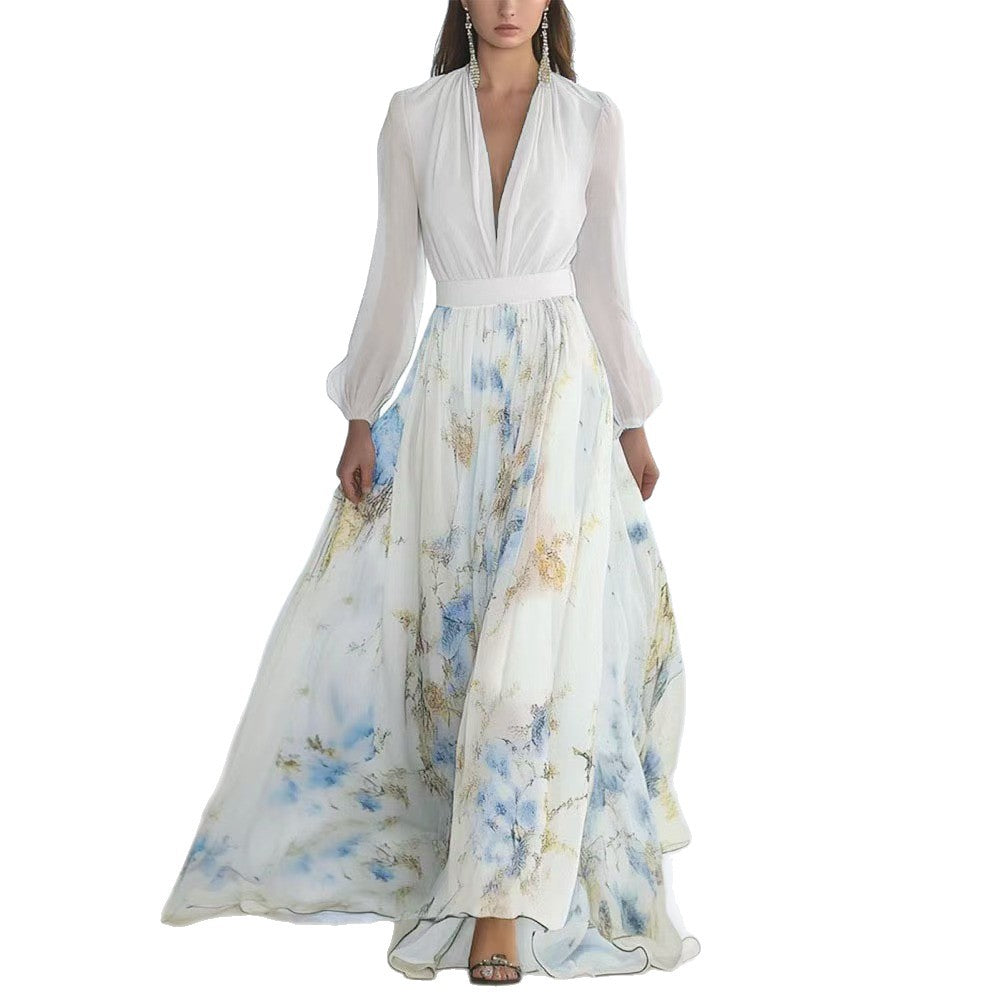 Dame Elegant Maxikjole med blomsterprint og dyb V-udskæring Stilla