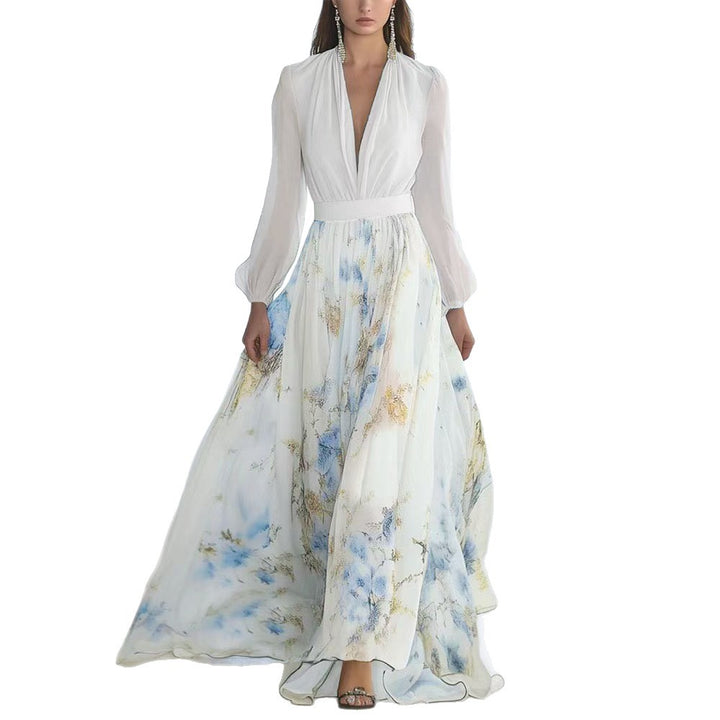 Dame Elegant Maxikjole med blomsterprint og dyb V-udskæring Stilla