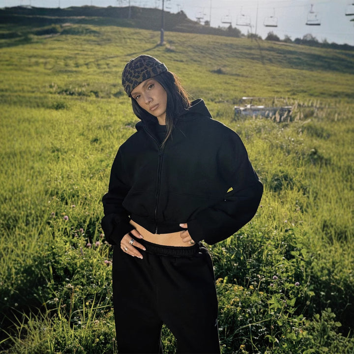 Kvinders afslappede cropped sweatjakke og komfortable joggingbukser sæt Skovae
