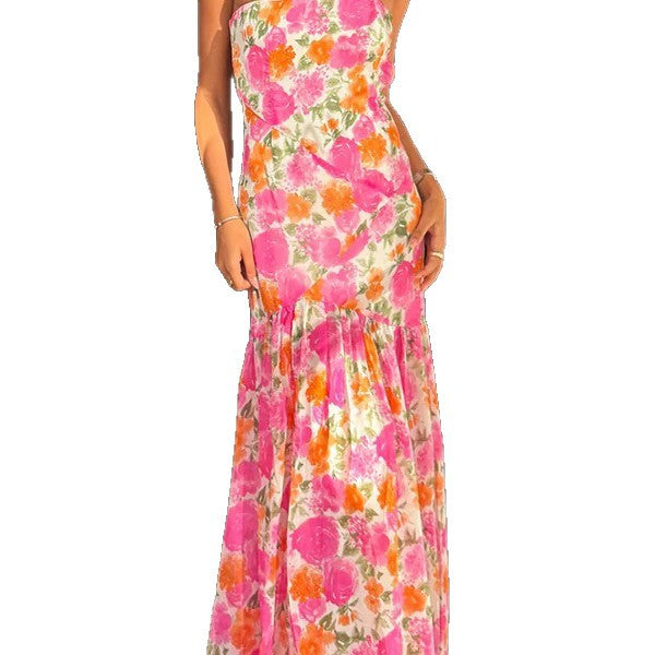 Dame Strapless Maxikjole med Flydende Volangkant Stilla