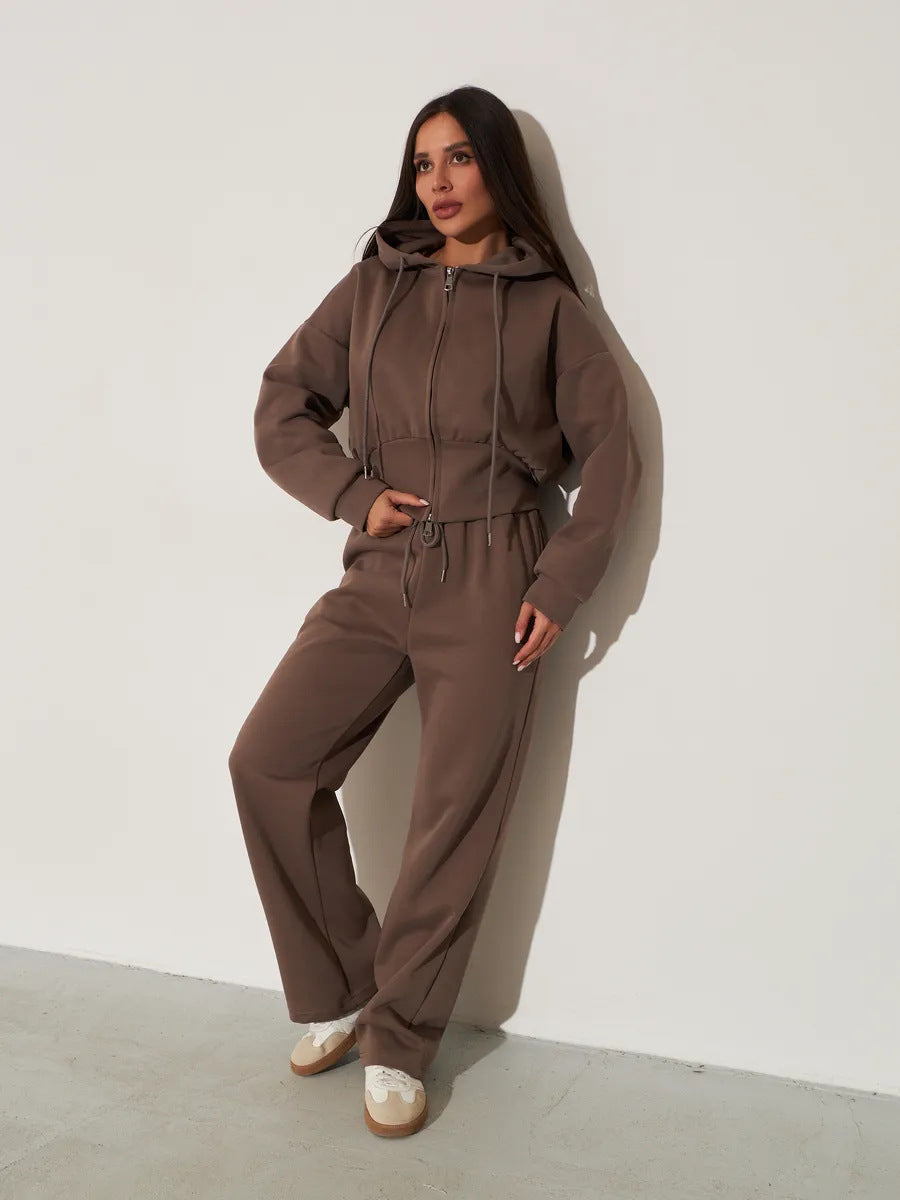 Kvinders afslappede hoodie top og brede sweatpants sæt med høj talje og lynlås Skovae