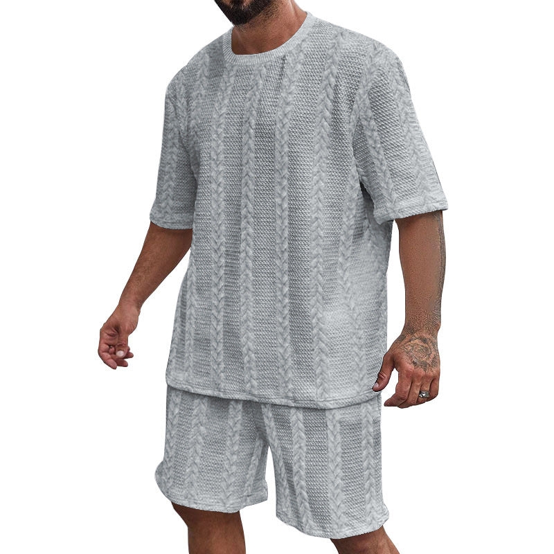 Herren nan afslappet fletningstrik fritids sæt med bred kortærmet t-shirt og elastiske Bermuda shorts