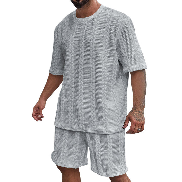 Herren nan afslappet fletningstrik fritids sæt med bred kortærmet t-shirt og elastiske Bermuda shorts