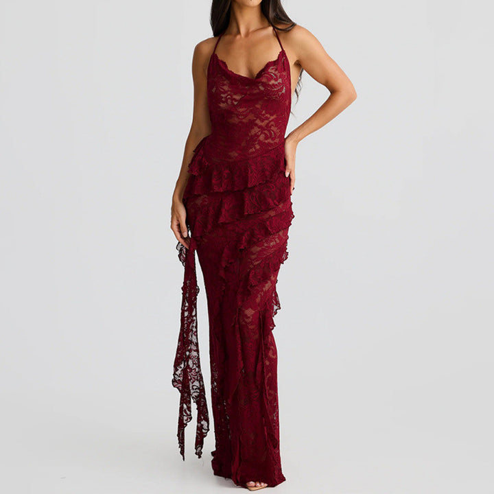 Damen verführerisches Spitzenkleid mit asymmetrischem Saum und Rüschendetails Skovae