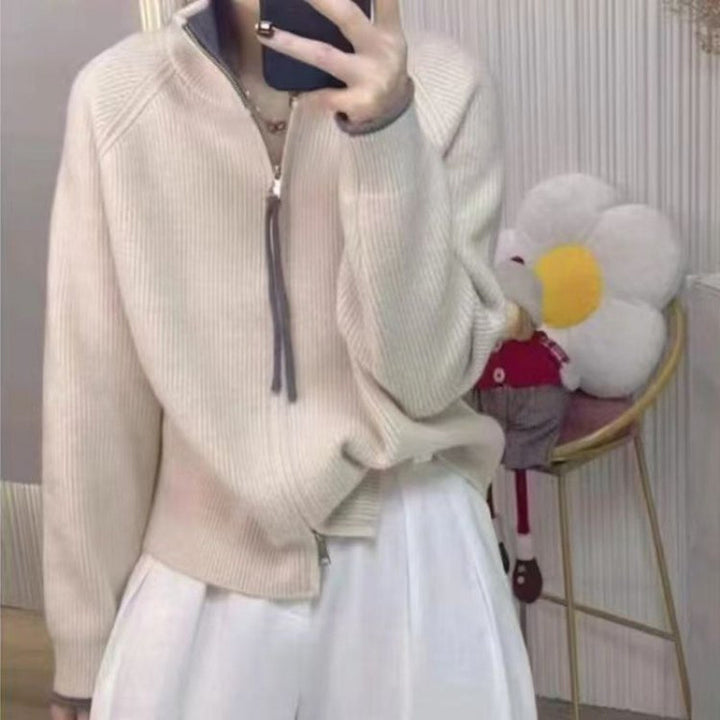 Kvinders strikket sweater med høj krave og lynlås Stilla