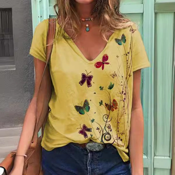 Dame V-hals sommerfugl tryk T-shirt Stilla