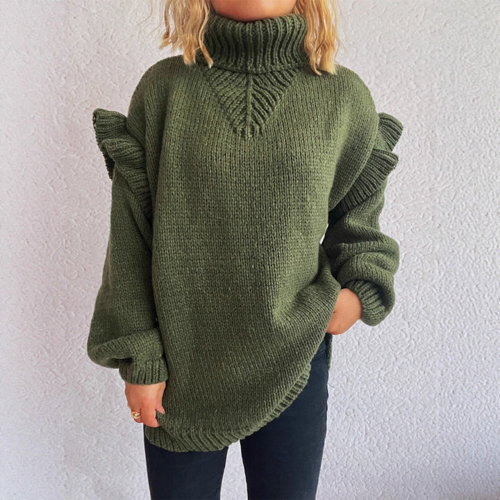 Kvinders strikket sweater med volangdetaljer og høj krave Stilla