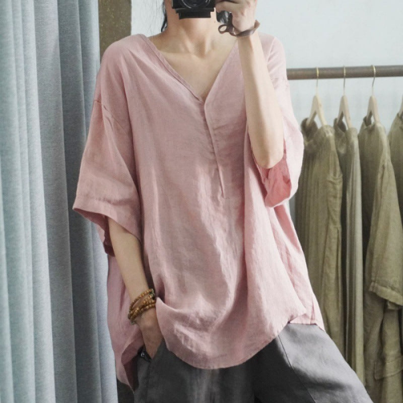 Kvinders oversized linned T-shirt med V-hals og casual fit Stilla