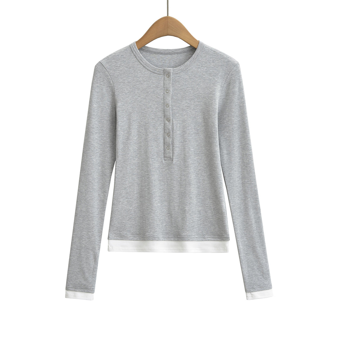 Dame langærmet Henley-shirt med knaplignende udskæring og sidelayouts i kontrast Stilla