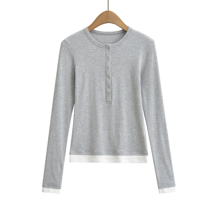 Dame langærmet Henley-shirt med knaplignende udskæring og sidelayouts i kontrast Stilla
