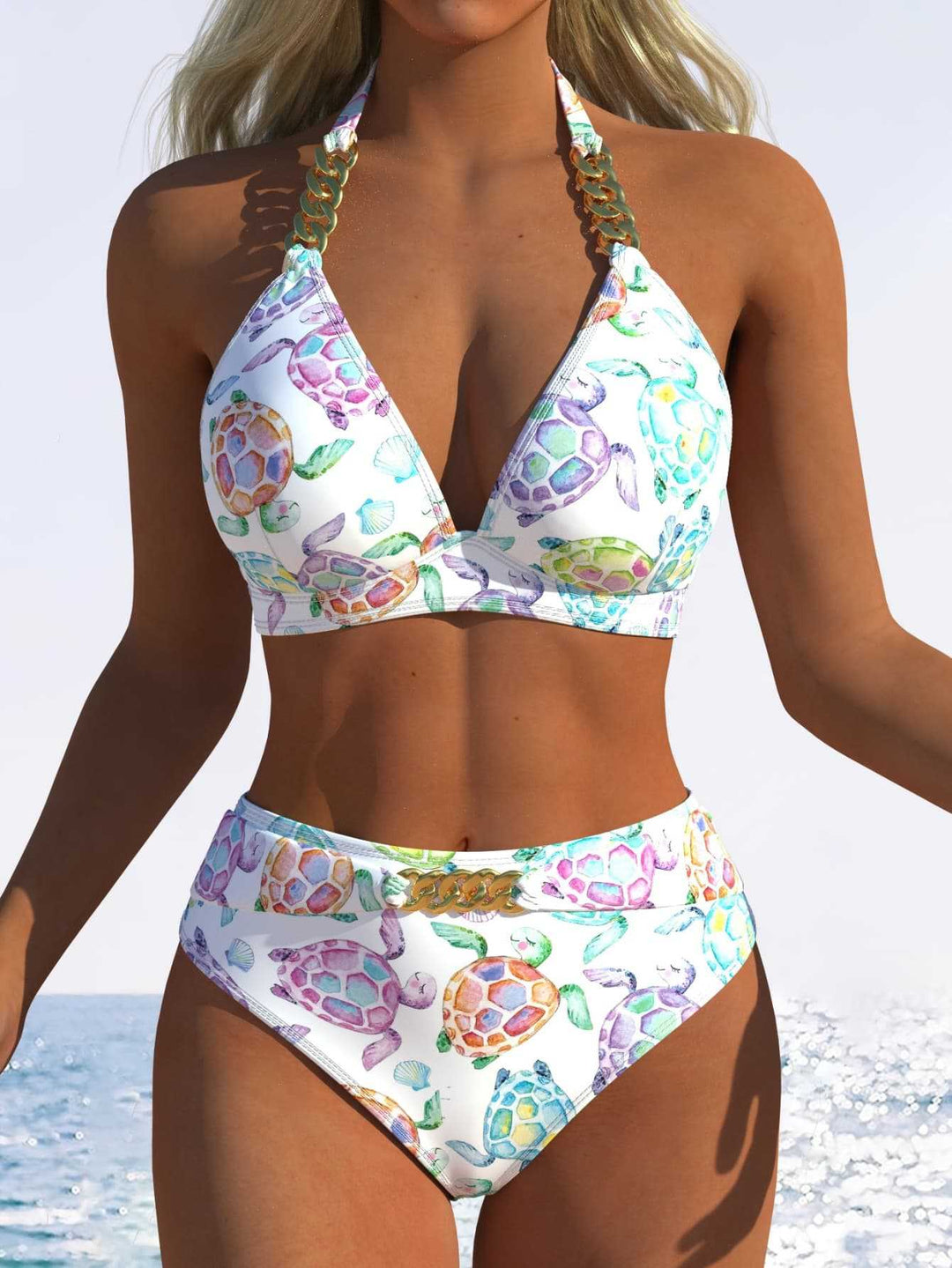 Dame Triangle-Bikini med justerbare bindebånd og moderigtig bølgemønster Skovae