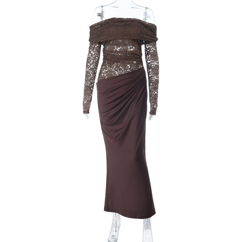 Dame elegant aften kjole med off-shoulder design og blonde ærmer Skovae