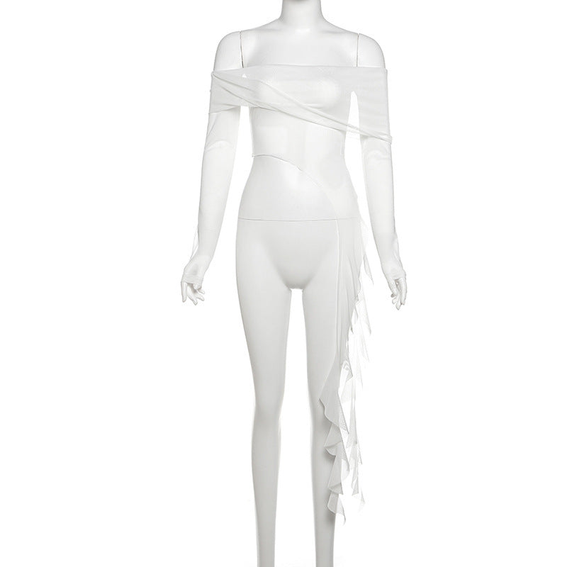 Dame transparent top med smart flæse design og lange ærmer Stilla