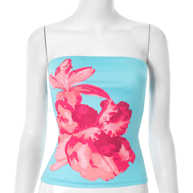 Dame Bandeau-top med blomstret design og elastisk stof Skovae