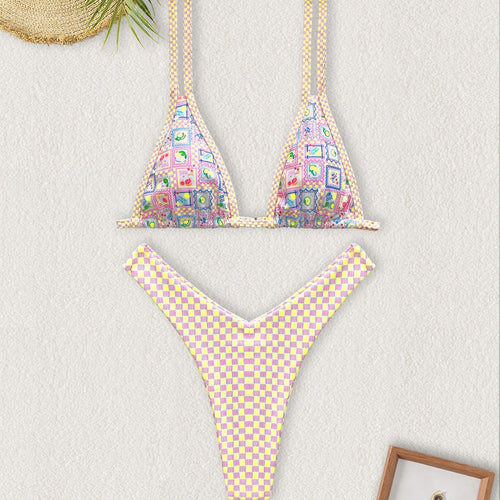 Dame Triangel-Bikini med farverigt patchwork-mønster Skovae