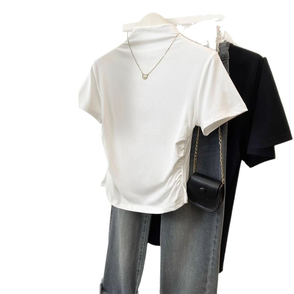 Kvinder fitted T-shirt med stående krave og sofistikeret flæse detalje