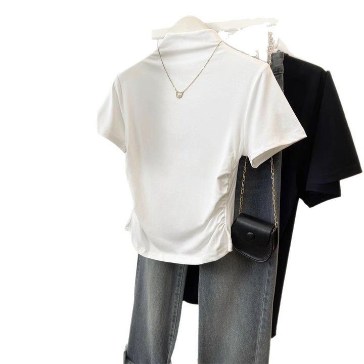 Kvinder fitted T-shirt med stående krave og sofistikeret flæse detalje