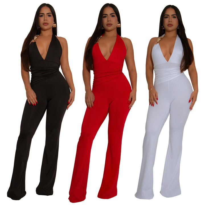 Dame Elegant Flydende Jumpsuit med dyb V-udskæring og tætsiddende silhuet Stilla