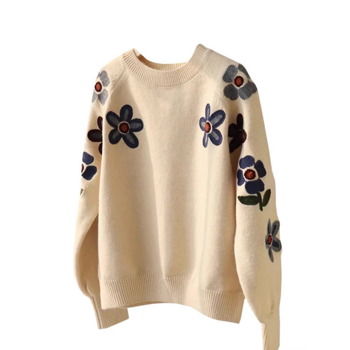 Kvinders elegante strikket sweater med blomsterbroderi design og afslappet snit Stilla
