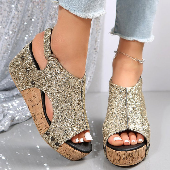 Dame Wedge-Pantoletten med glimrende glimmermateriale og anatomisk fodseng Stilla
