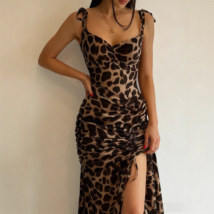 Dame Elegant Maxi Kjole med Leopardprint og Side Slids Skovae