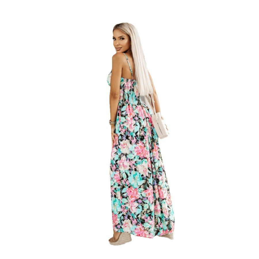 Dame maxikjole med blomster V-udskæring og svingende skirt Stilla
