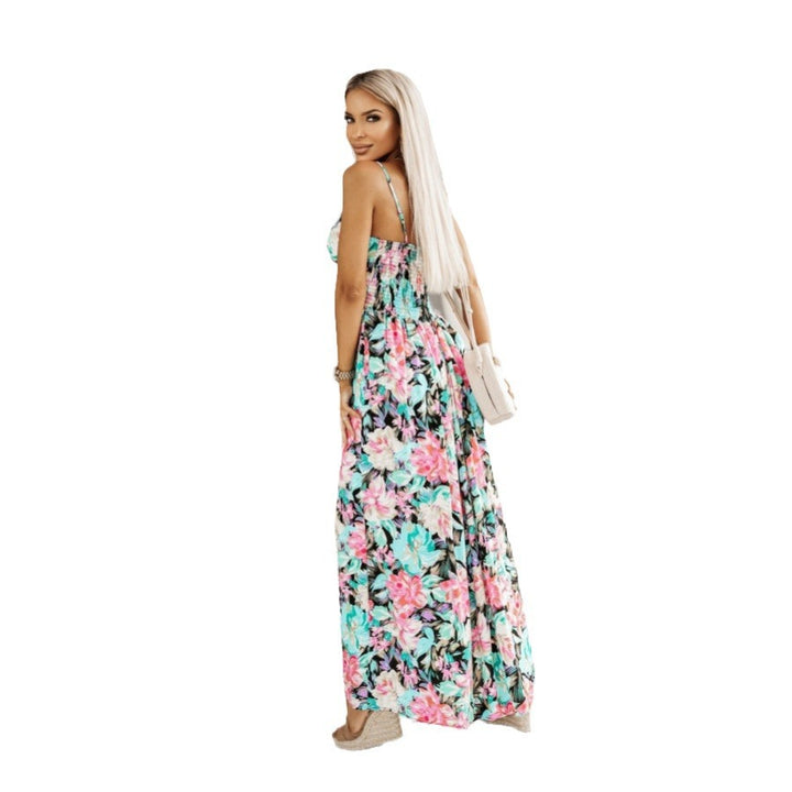 Dame maxikjole med blomster V-udskæring og svingende skirt Stilla