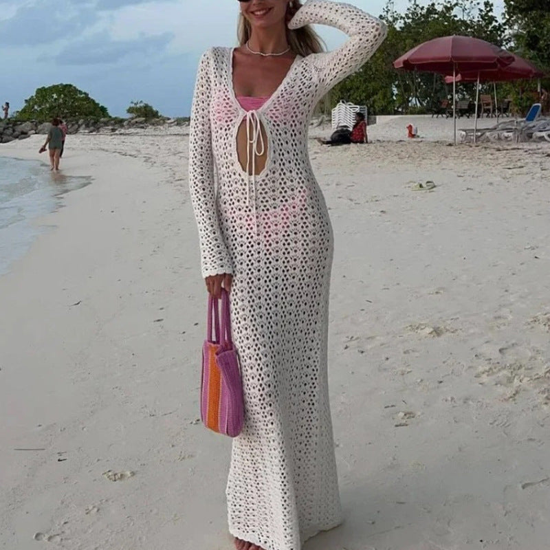 Dame lette hæklede strandkjole med V-udskæring og snørelook Skovae