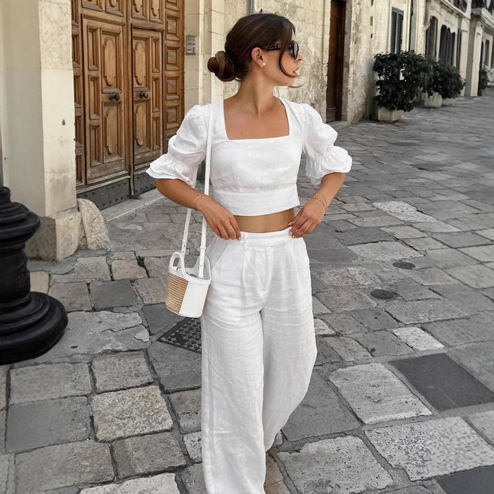 Dame elegant linned crop-top og bred palazzo-bukser sæt Stilla