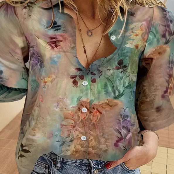 Dame Gennemsigtig Bluse med Blomsterprint og Knapliste Stilla