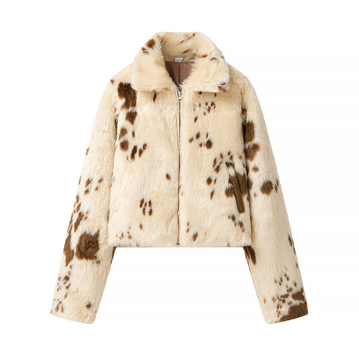 Dame hyggelig faux fur jakke med fashionable dyreprint Stilla