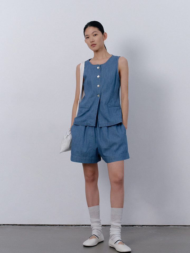 Dame korte denim shorts med elastisk talje og praktiske lommer Stilla