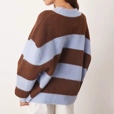 Kvinders oversized strikket sweater med stribet mønster og bred pasform Stilla