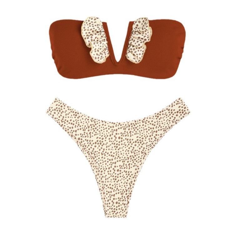 Damer Bandeau Bikini med flæsedetaljer og høj benudskæring Skovae