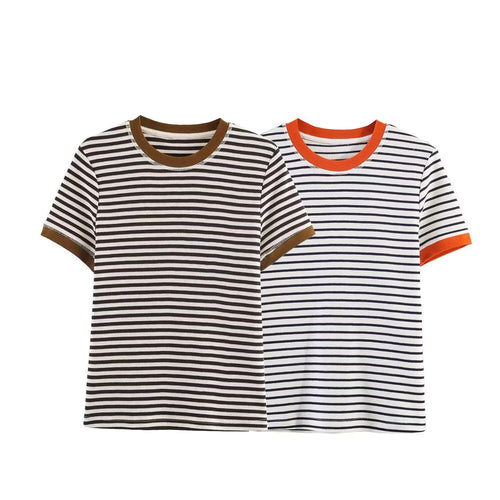 Dame stribet T-shirt med kontrasterende ærmer Skovae