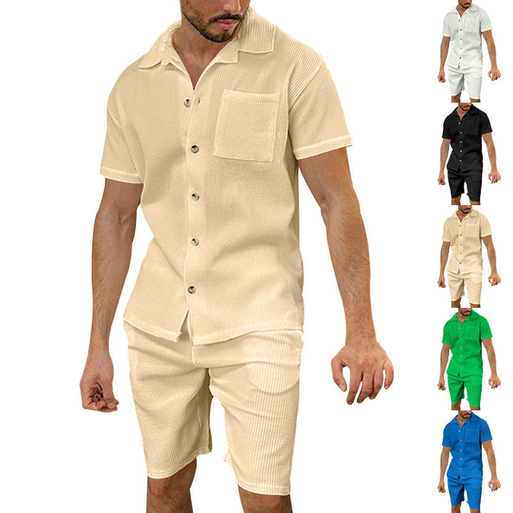 Herre casual to-delt fritids sæt lavet af ribbet jersey med skjortekrave, knaplukning og shorts Skovae